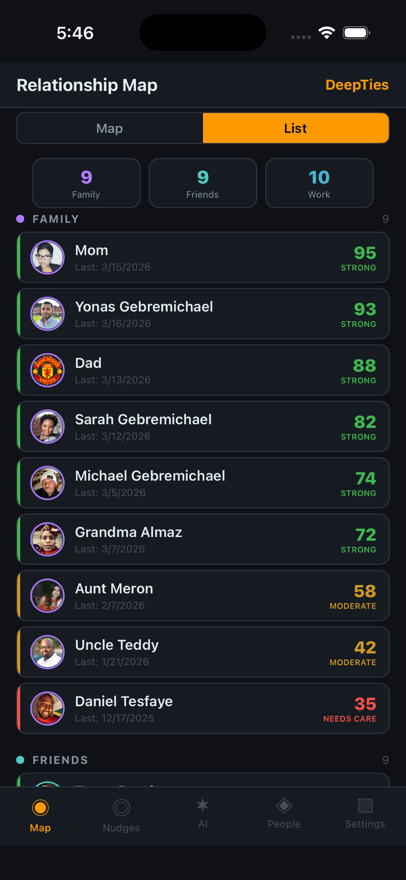 Yenesow smart nudges screen with AI-powered reminders to stay in touch